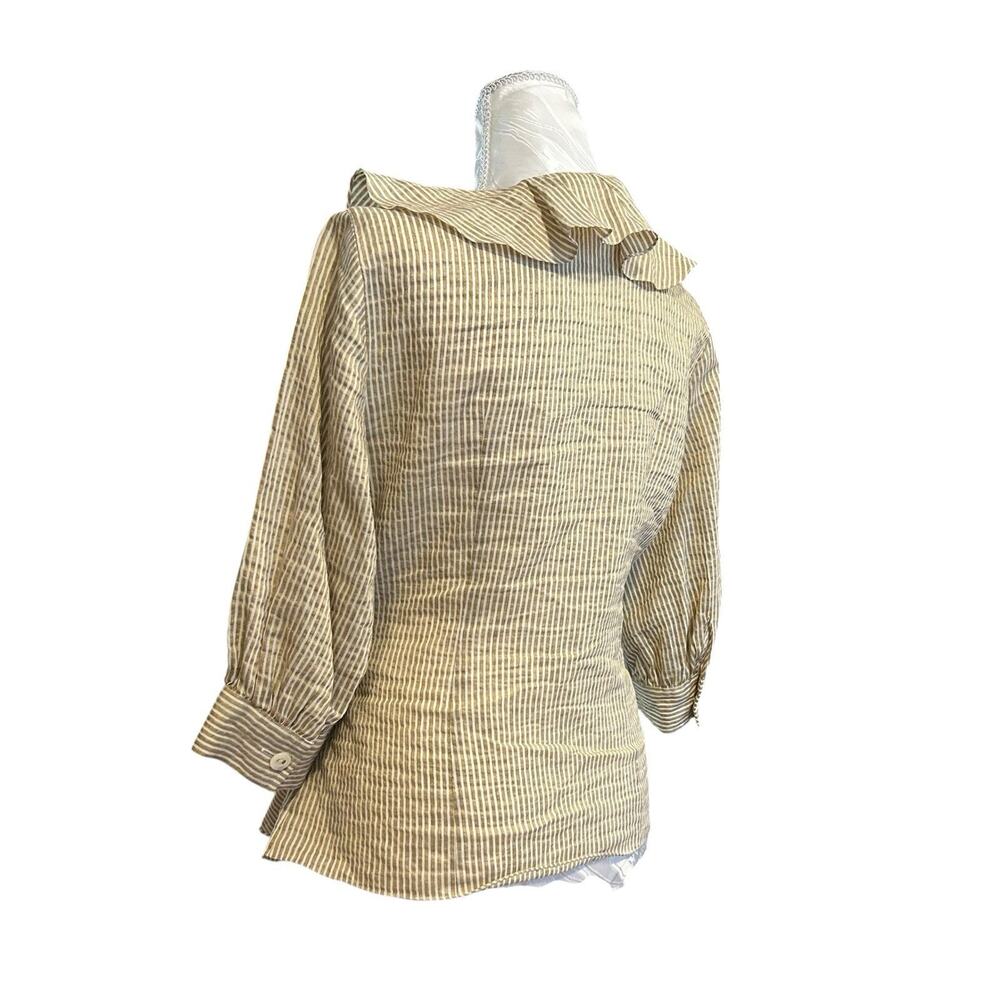 Vintage 90s Metallic Gold Stripe Wrap Blouse Ruffle Collar Bishop Sleeve Size 4 - Picture 13 of 14